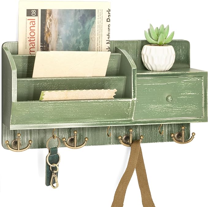 Rebee Vision Key Holder Wall Mount with Mail Sorter for Room Decor, Green | Pine Wood Key Holder for Wall with Drawer Storage, 7 Hanging Hooks, Rustic Apartment Essentials for Home Improvement