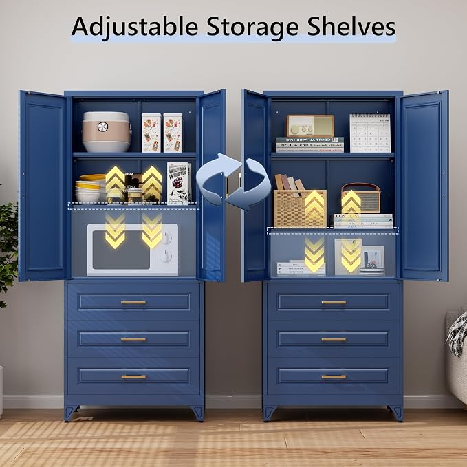 75" Metal Pantry Storage Cabinet with 3 Drawers, Blue | Sturdy SPCC Steel, Gold Handles, Adjustable Shelves,Anti-Tipping Kit, Leveling Feet, Easy Assembly for Kitchen Pantry