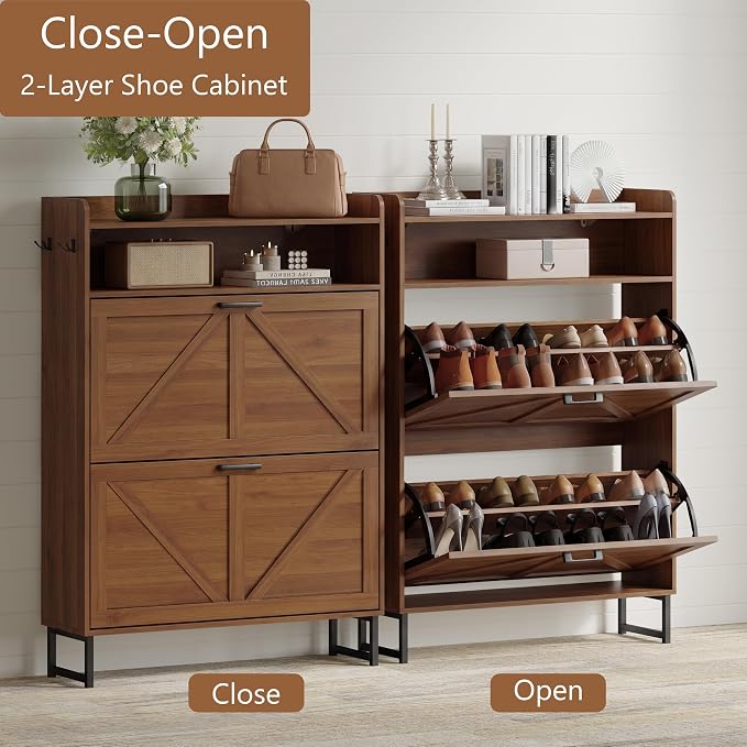 Shoe Cabinet with 2 Flip Drawers, Freestanding Hidden Shoe Storage Organizer for Entryway, Narrow Slim Shoe Rack Cabinet with Open Storage & Hooks for Front Door Entrance, Living Room, Hallway, Walnut