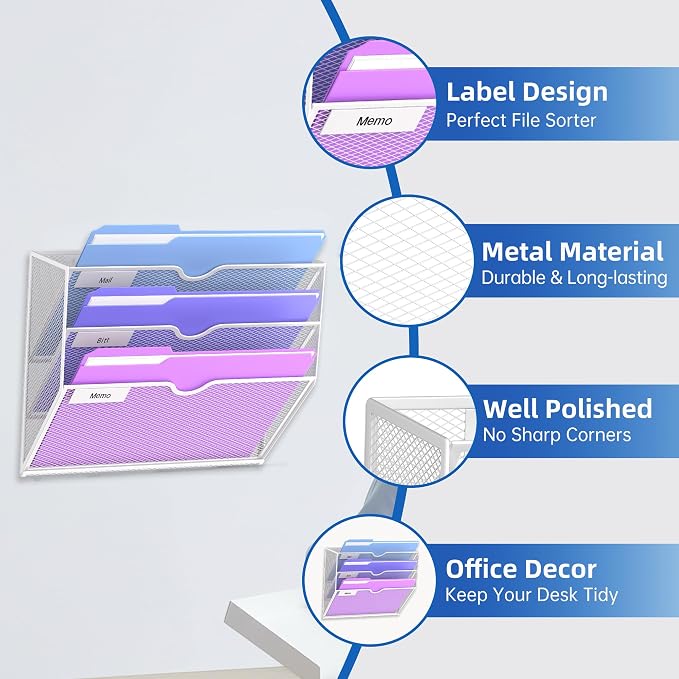 3-Tier Wall File Organizer, Hanging File Organizer, White | Wall-mounted mail storage holds papers, folders, files, clipboards and magazines, assembly required for office or home use.