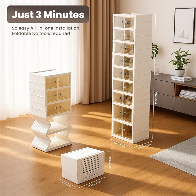 Foldable Shoe Organizer Storage Box Set of 4, Portable Extra Large Folding Shoe Rack for Closet, Shoe Storage Box with Magnetic Transparent Door and Wheels, 9 Layers 18 Grids with 4 Big Grids
