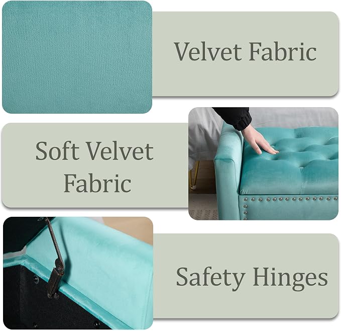 47in Velvet Storage Ottoman Bench with Arms, Upholstered Storage Bench with Wooden Legs, Storage Bench for Bedroom, Living Room, Entryway, Teal