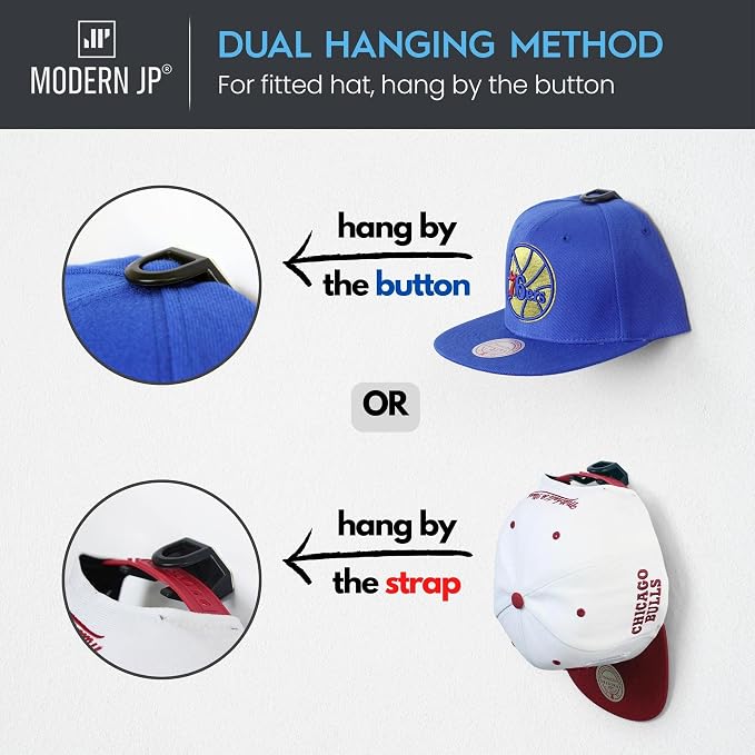 Adhesive Hat Hooks for Wall (16-Pack) - Hat Rack for Baseball Caps, Minimalist Hat Display, Strong Hold Hat Hangers for Wall - USA Patented, Black