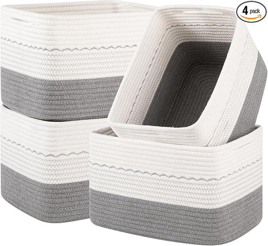 OIASKET 4 Pack Storage Baskets for Organizing, 13"X9"X7.87", Decorative Cotton Rope Baskets for Shelves, Small Woven Basket for Toys, Books and Towels, Grey & White