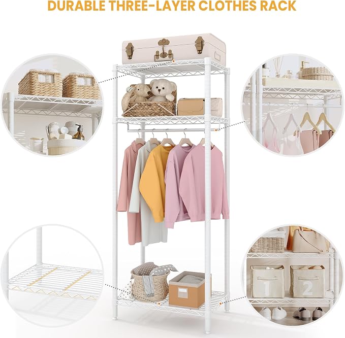 Clothes Rack, Heavy Duty Clothing Racks with Adjustable Shelves, Freestanding Metal Closet for Hanging Clothes, Portable Garment Rack for Bedroom Laundry Room Dorm, 23.6"W x 15.7"D x 70.8"H, White