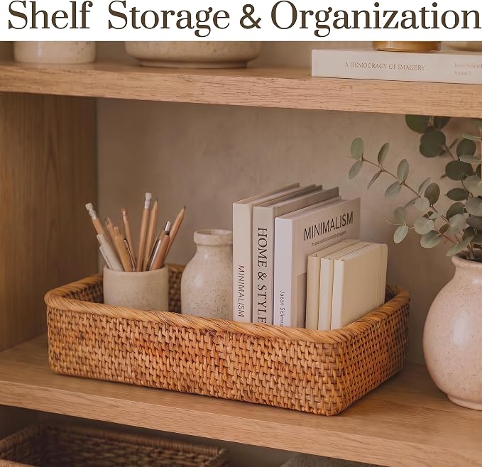 Yangqihome Natural Rattan Storage Baskets, Rectangular Woven Fruit Baskets, Decorative Wicker Basket Large Baskets for Organizing (L)