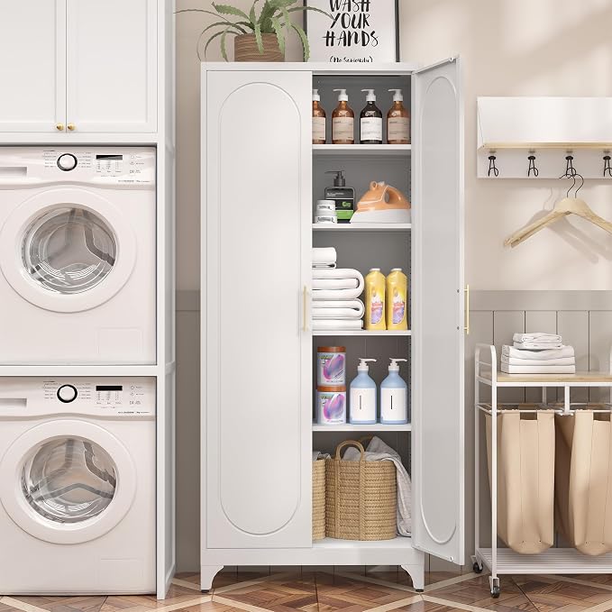 Steeloong 75"Metal Pantry Storage Cabinet with Doors & 4 Adjustable Shelves | Kitchen Pantry Cabinet,White Tall Pantry Cabinet for Kitchen Storage,Storage Cupboard for Living Room,Pantry,Garage,Bathroom