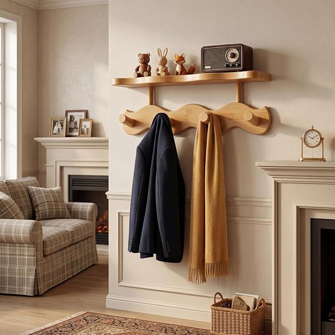 Wave-Shaped Bamboo Coat Rack Wall Mount with Shelf - Modern 4-Hook Rack | Modern Sculptural Wave Decor, Organic Wood Wall Mounted Rack with Storage Shelf, Heavy-Duty Hanging for Entryway & Bedroom