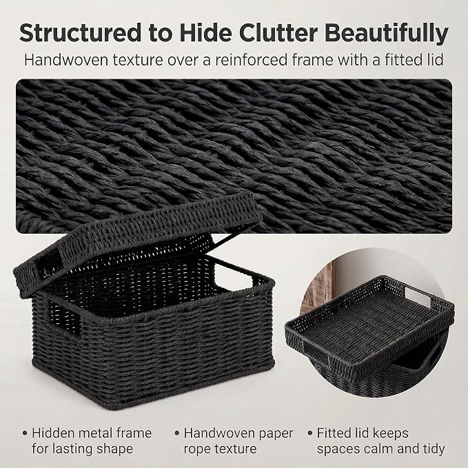 Wicker Storage Basket with Lid for Shelves, Set of 2, Black | One rectangular wicker basket with lid and one open basket for decorative shelf storage; removable lid flips into a tray.
