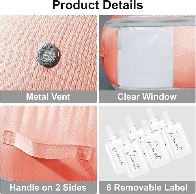Comforter Storage Bag - Large Capacity Blanket Storage Bags 3-Layer Ultra Space Saving Self Compression Organizer, Washable Compression Bags for Storage Comforter Blanket, 6-Pack, Pink