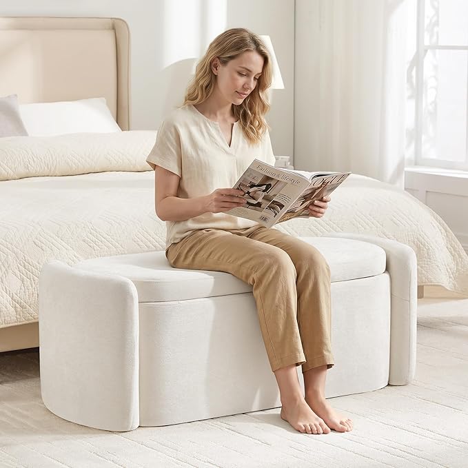Oval Ottoman Bench with 20 Gal Storage Space Upholstered Chenille Seating End of Bed Storage Bench Storage Ottoman with Storage for Bedroom, Living Room, Entryway, Window (Beige)