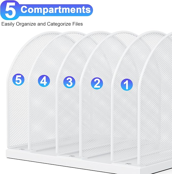 gianotter Desktop File Organizer, Desk Organizer with 5 Compartments, Paper Organizer for Desk, Workspace Organizers for Office Supplies (White, Upright Style)
