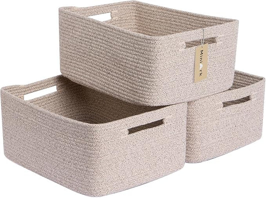 MiniArk Large Storage Baskets for Shelves, 17 x 13 x 7.5” Closet Organizers Bins for Clothes Blanket Towels, Baby Nursery, Toy Baskets Box, Woven Rope Baskets, 3 Packs Mixed Brown