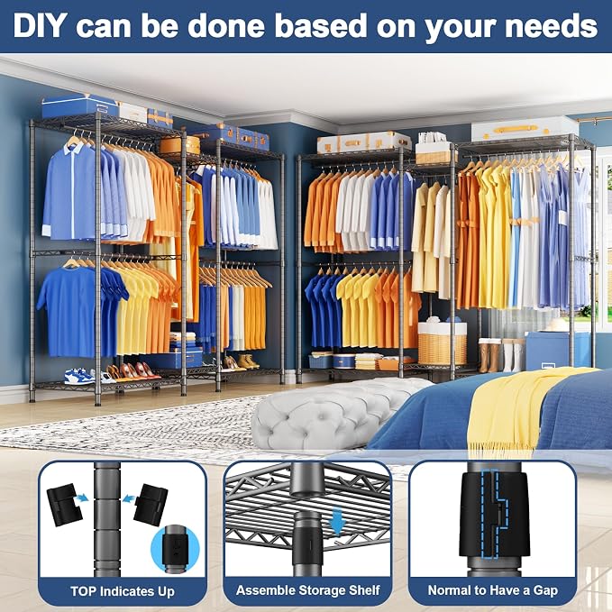 E12 Pro Clothes Rack，Heavy Duty Freestanding Garment Rack with Shelves，Metal Clothing Closet Storage System for Hanging Clothes，71" W x 16" D x 76.5" H, Hold 960 lbs，Grey