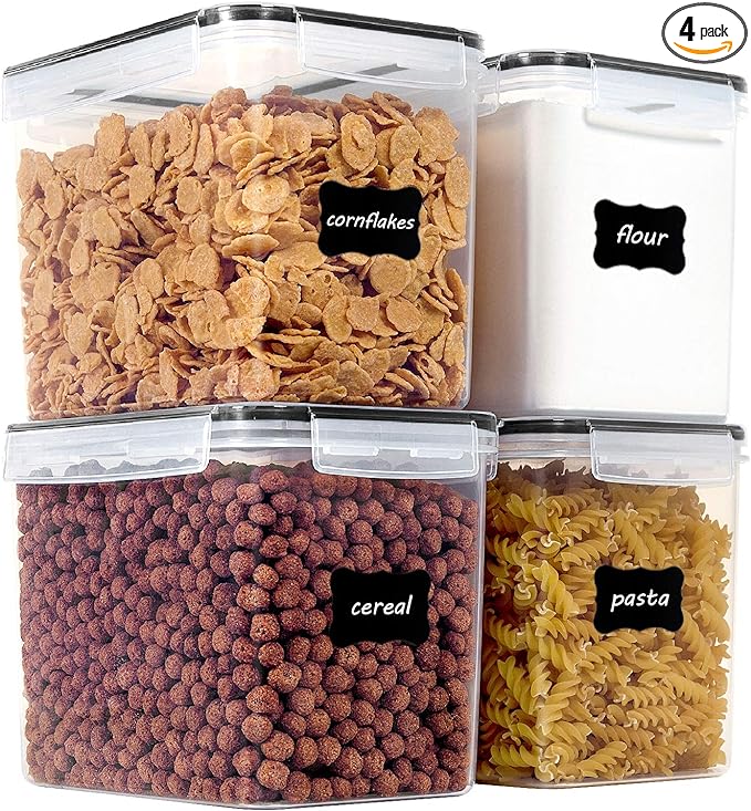 Vtopmart 3.6L Food Storage Containers, 4 PCS, Black | Airtight Seal, BPA Free, Food Grade Material, Dishwasher Safe (Not Lids), 4 Measuring Cups, 24 Labels