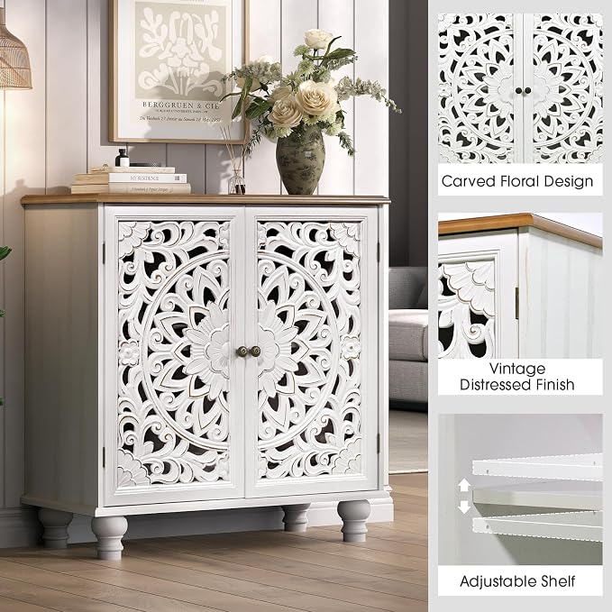 JOINICE 31" Accent Storage Cabinet with Carved Doors,Mandala White | Carved Floral Design, Solid Wood Legs, Boho/Farmhouse, Versatile Storage for Living Room & Bedroom & Hallway, Easy Assembly