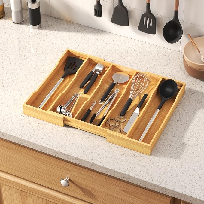 Lifewit Utensil Organizer for Kitchen Drawer, Expandable Cooking Utensil Tray, Cutlery Silverware Flatware Holder, Wood Adjustable Spatula Tools Storage Divider, 12.6-22.8x14/ 32-58x35.6cm, Natural