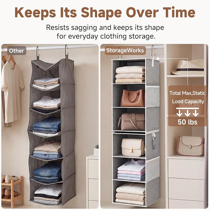 StorageWorks 6-Shelf Closet Organizers, Two 3-Shelf Separable Hanging Shelves for Close, 12 1⁄2" D x 12 1⁄2" W x 47 ¼" H, Canvas, Gray