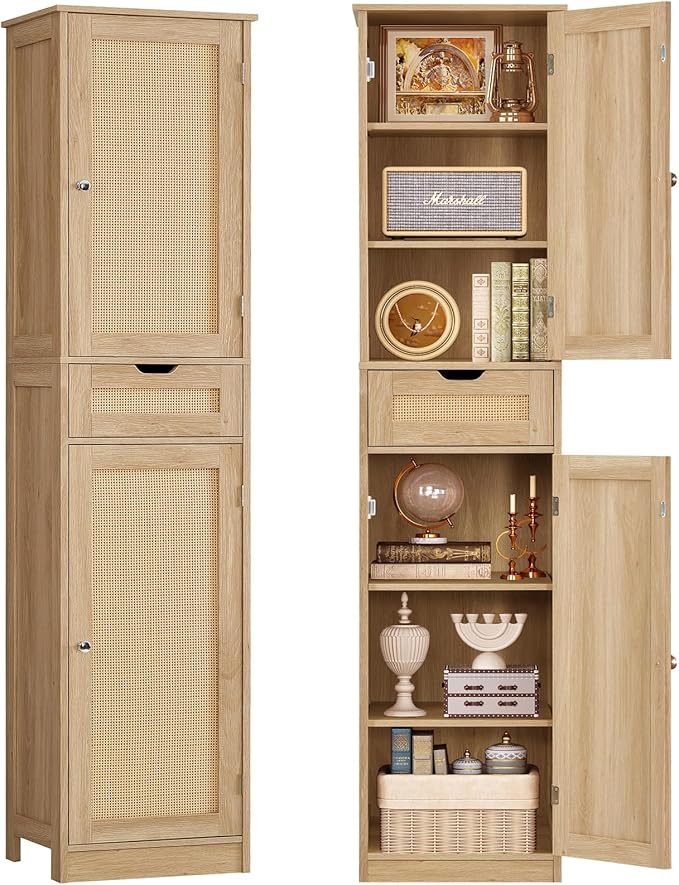 67" H Tall Storage Cabinet with 2 Rattan Doors and 1 Drawer, Narrow Rattan Cabinet with Adjustable Shelves, for Living Room, Entryway, Kitchen, Natural