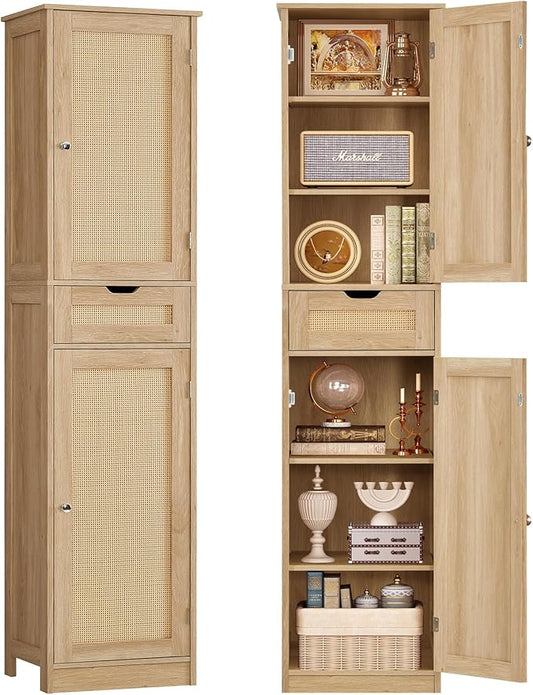 67" H Tall Storage Cabinet with 2 Rattan Doors and 1 Drawer, Narrow Rattan Cabinet with Adjustable Shelves, for Living Room, Entryway, Kitchen, Natural
