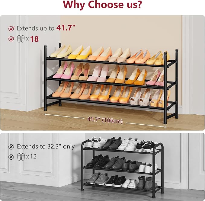 Expandable Shoe Rack for Closet 3 Tier, 28“-41“Stackable, Black | Adjustable Shoe Organizer Closet Shoe Rack Floor, Metal Shoe Shelf Storage for Entryway, Closet, Garage, Front Door Entrance