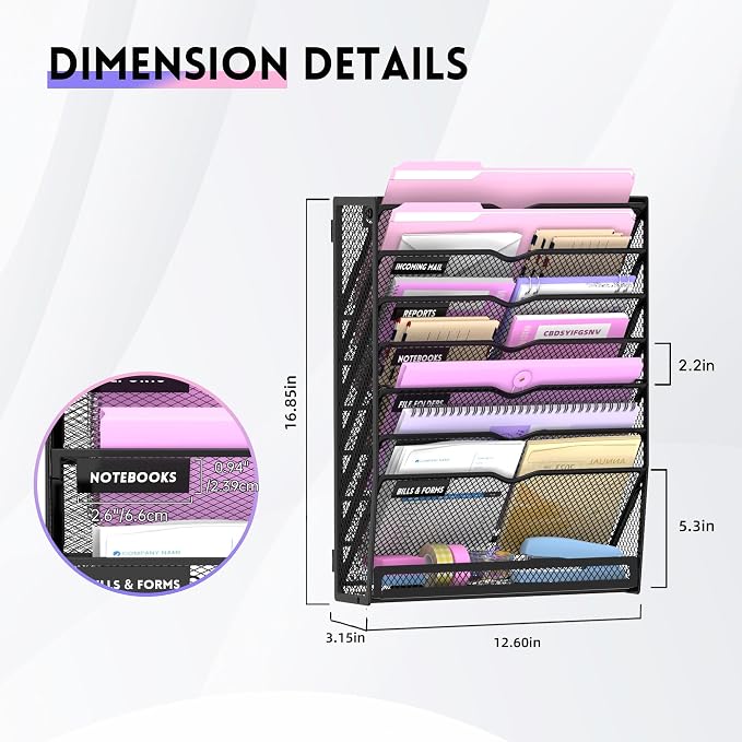 8-Tier Wall File Organizer with Base, Wall Mounted File Holder | Vertical Hanging File Organizer with Open Compartments and Label Holders for Mail, Folders and Paperwork at Home or Work