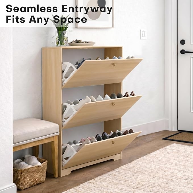 Nicetree Shoe Cabinet with 3 Flip Drawers, Entryway Storage, Natural Oak | Narrow Shoe Organizer, Freestanding Shoe Rack Cabinet, Modern Shoe Storage Cabinet for Entryway, Hallway, Foyer, With Hook