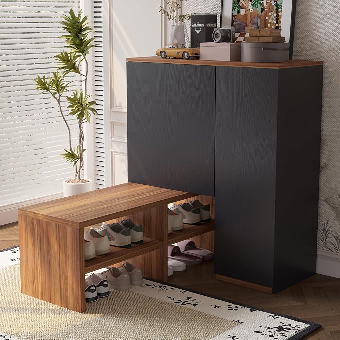 51.18" Shoe Storage Cabinet with Doors & Open Shelves, Walnut & Black | Space saving, dust-proof, clutter-free, multi-scenario fit, durable construction