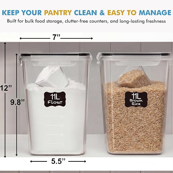 Shazo 2 PC (11L | 372 oz) Flour Sugar Storage Containers with Easy Carry Handle - Plastic Extra Large Food Storage Containers with Lids for Rice Cereal, BPA Free & Airtight Kitchen Pantry Organization