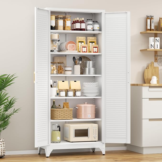 Polup 75" Pantry Cabinet, Tall Metal Storage Cabinet with Doors and Shelves | White Kitchen Cabinet, 5 Adjustable Shelving, Heavy-Duty Steel, Louvered Doors, Gold Handles, for Garage Office & Laundry