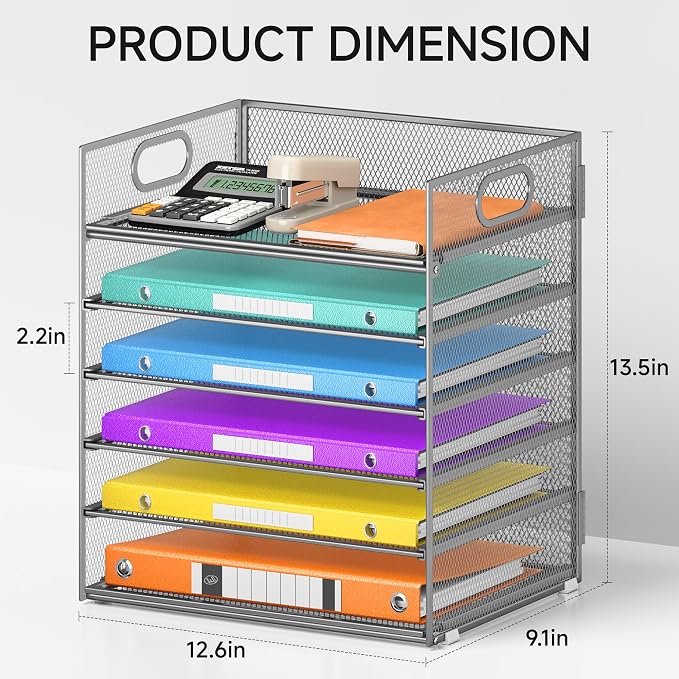 6 Tray Paper Organizer Letter Tray with Handle - Mesh Desk File Folder Holder, Paper Sorter for Office, Home or School - Silver