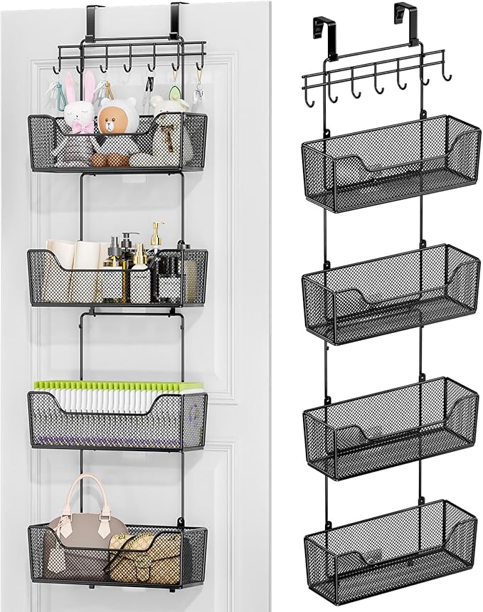 HapiRm Over The Door Organizer - Hanging Door Organizer with 4 Metal Large Capacity Baskets and Adjustable Coat Hook for Bathroom Bedroom Kitchen Pantry Closet Cabinet