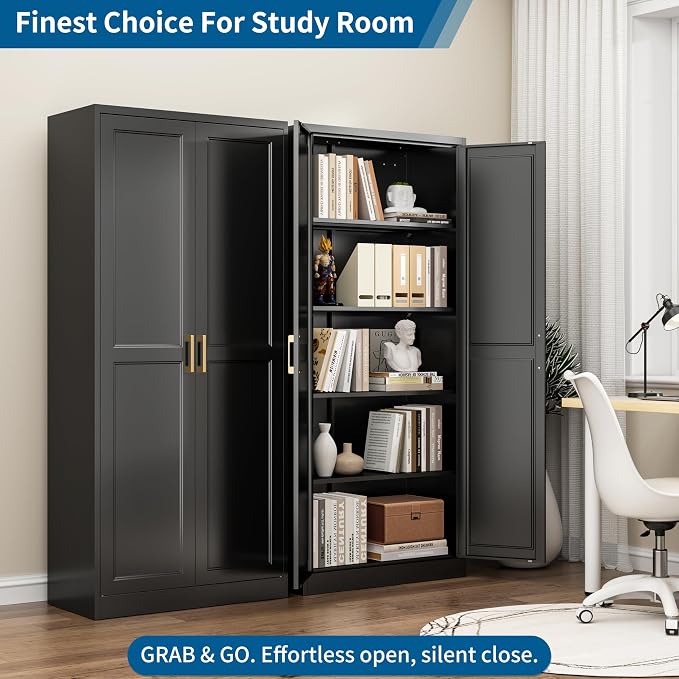 71" Tall Black Metal Storage Cabinet with Doors, Heavy Duty | Freestanding Steel Kitchen Pantry Cabinet, 4 Adjustable Shelves (180 Lbs Load), Tall Cabinets for Home, Office and Garage