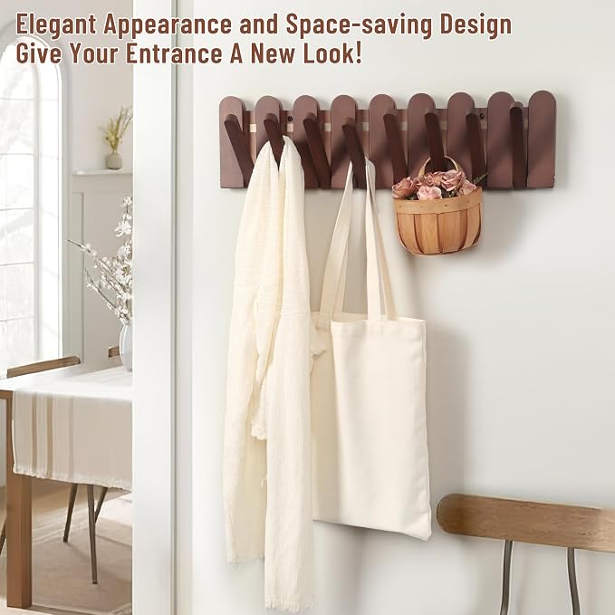 Wall Coat Rack for Entryway: Folding Wood Modern Heavy Duty 8 Hooks | 21.6'' Wall Mounted for Mid Century Home Decor Bathroom Bedroom Hallway for Hanging Towel Jacket Backpack Bag