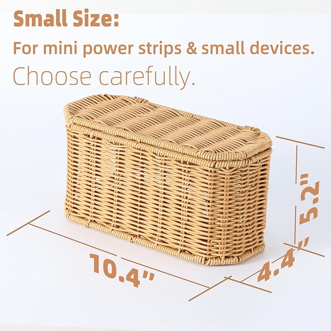 Small Cable Management Box, Mini Wicker Basket for Hiding Cords & Power Strips