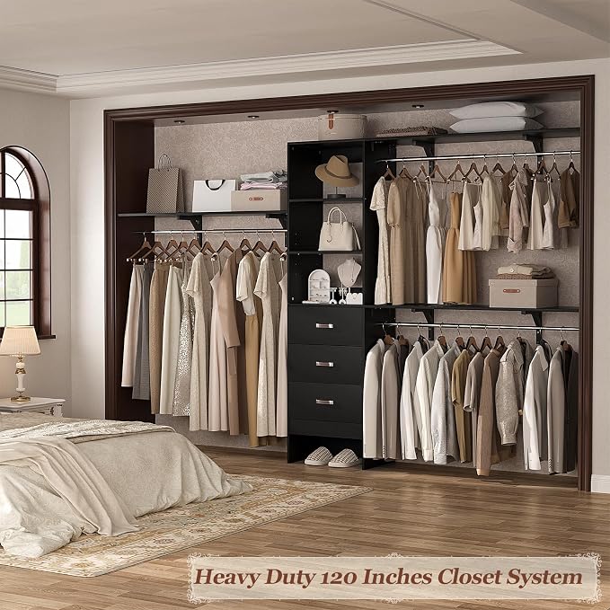 120 Inches Closet System, 10FT Walk In Closet Organizer with 3 Shelving Towers, Heavy Duty Clothes Rack with 3 Drawers, Built-In Garment Rack, 120" L x 16" W x 75" H, Max Load 1300 LBS, Black