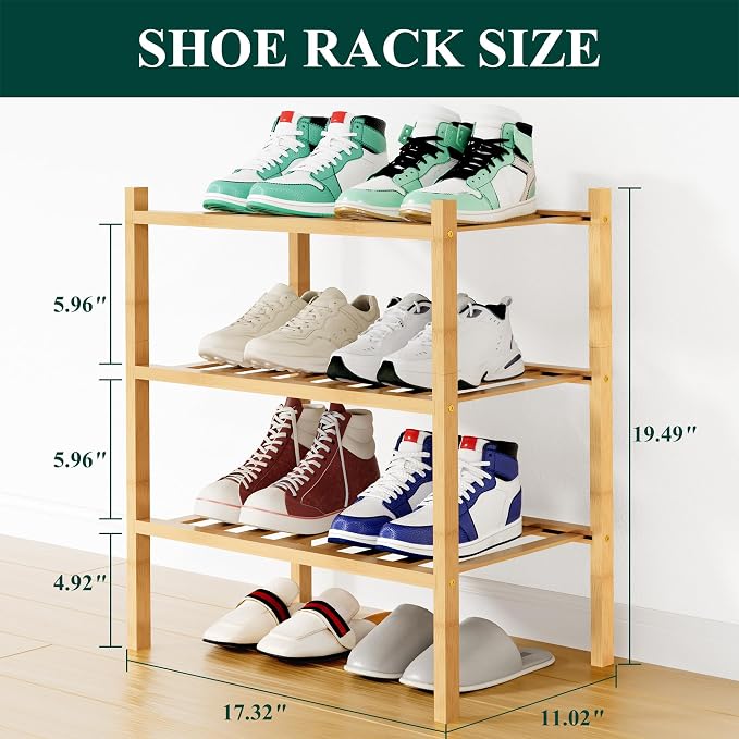 Smiry Bamboo Shoe Rack, 12 Vertical Slats, 3 Tier - 17.3" Wide, Natural | Stackable Free Standing Wooden Shoe Organizer, Wood Shoe Storage Shelf for Closet, Entryway