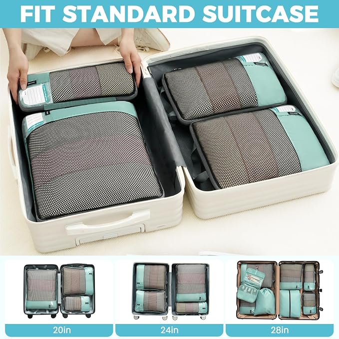 BAGAIL 4 Set/6 Set/8 Set Compression Packing Cubes Travel Accessories Expandable Packing Organizers(HalfMesh,8-DustyBlue)