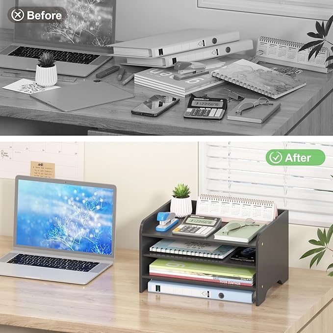 Bamboo File Organizer for Desk, Paper Tray with Pen Holder | Open tiers and a pen holder sort Letter/A4 paper, folders and office supplies while keeping your workspace clutter-free
