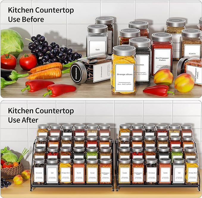 BOIVSHI 4 Tier Spice Rack Organizer, Spice Rack for Cabinet, Adjustable Depth Seasoning Shelf for Countertop, Pantry, Seasoning Organizer, Metal, Black (2 Pack)