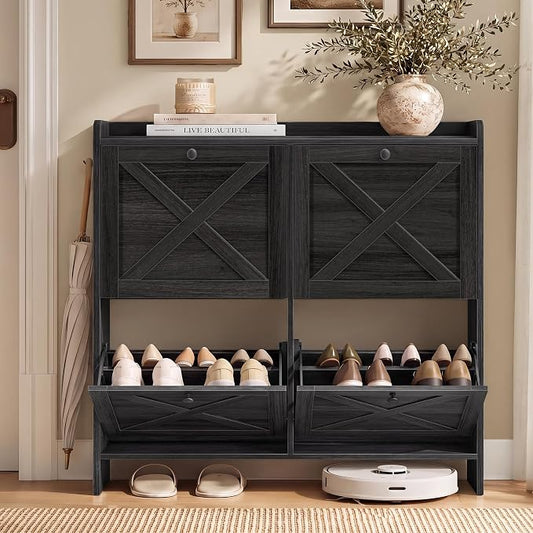 VASAGLE Shoe Storage Cabinet Organizer with 4 Flip Drawers, Freestanding Narrow Shoe Rack Cabinet for Entryway, Farmhouse Style, Fits 14 to 16 Pairs, Smoky Black UHSC403BJ01