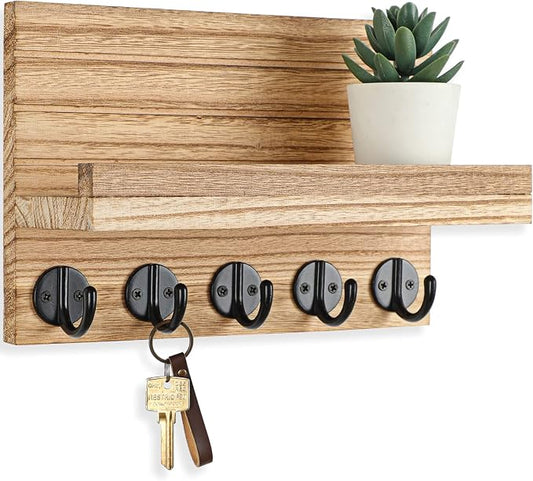 Lwenki Key Holder for Wall, Decorative Key and Mail Holder with Shelf Has Large Key Hooks for Bags, Coats – Paulownia Wood Key Hanger with Mounting Hardware (9.8”W x 6.7”H x 4.2”D) (Burnt Wood)