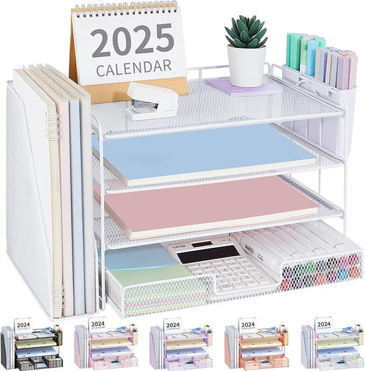 OPNICE Desk Organizer, 4-Tier Desktop File Organizer with Drawer and Pen Holders, Office Desk Accessories, File Sorters, Workspace Organizers for Office Supplies(White)