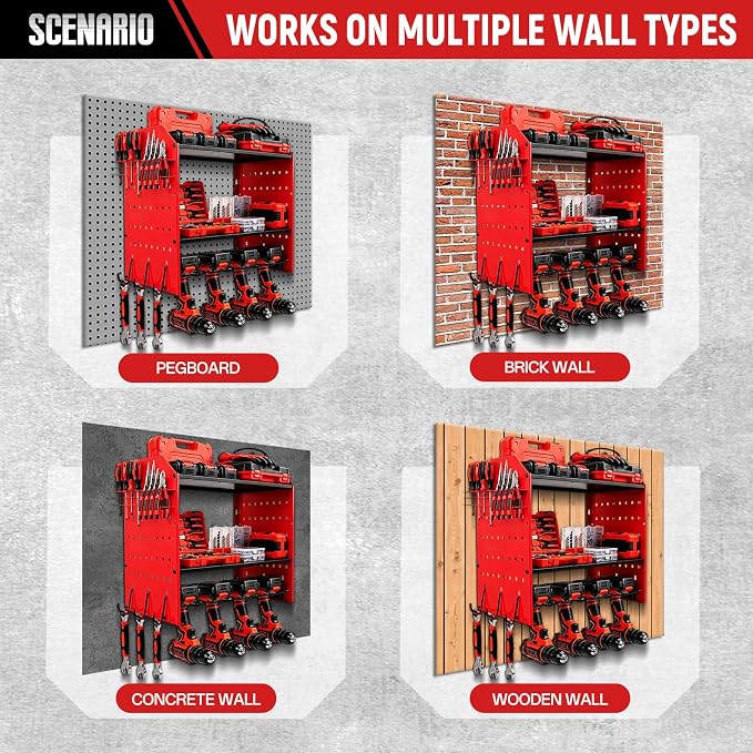 Power Tool Organizer Wall Mount,Power Drill Tool Holder | 200lb Heavy Duty Tool Shelf,4 Tier Cordless Tool Organizerwith 4 Drill Holders & 3 Divider Panels,Red