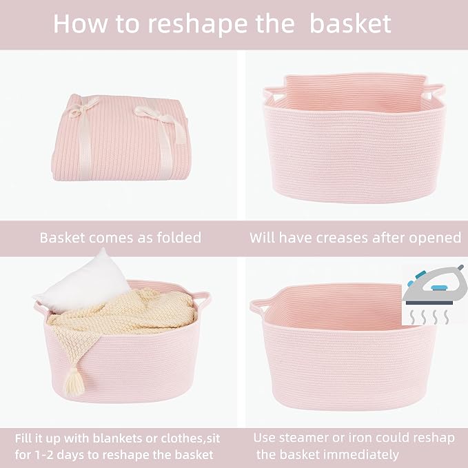 XUANGUO Large Rectangle Woven Cotton Rope Blanket Basket 22"x17"x12" Pink | Storage basket for nursery and living room; toy basket for kids, laundry basket for clothes and towels, or gift basket.