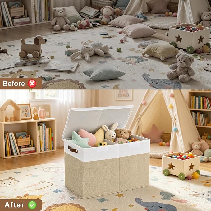 Bagnizer Large Toy Storage Box with Lids, Collapsible Sturdy Baby Storage Organizer Chest Bin Basket for Kids, Boys, Girls, Playroom, Nursery, Bedroom, Closet 25"x13"x16" (Beige and White)