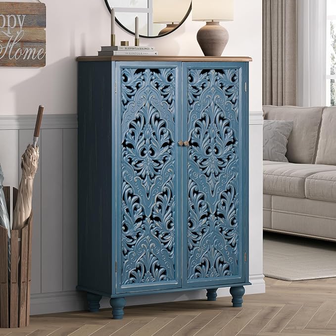 JOINICE 47" Tall Accent Cabinet with Carved Doors & Storage for Living Room | Vertical Storage for Dining Room,Bedroom, Carved Floral Design, Walnut Finish Top, Farmhouse/Rustic Style, Adjustable Shelves