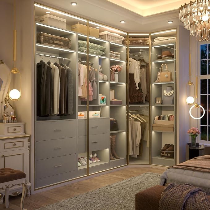 Besiost Corner Closet System with 5 Drawers, Closet Organizer System with 15+Shelvess & 4 Hanging Rods, 63.2"L * 63.2"W / 87.2"L * 39.2"W Reversible L Shaped Walk-in Closets, Load 2500+LBS, Grey