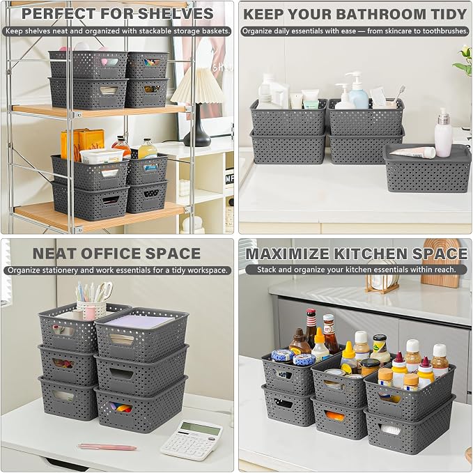 10 Pack Small Plastic Storage Bins with Lids, Stackable Plastic Storage Baskets for Organizing with Handles, Organizer Bins with Labels for Room,Craft,Containers for Pantry Organizers and Storage,Grey