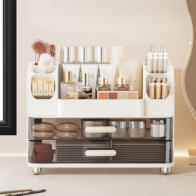 Large Makeup Organizer for Vanity - Perfume Cosmetic Display Cases | Skincare Organizers with 2 Drawers for Bathroom Dresser Desk, Easy to Store Brush Eyeshadow Lipstick Beauty Supplies, White